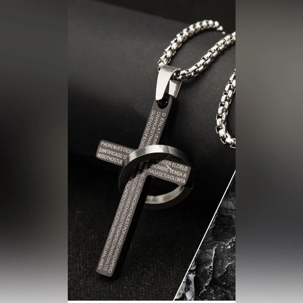 Men’s Black & Silver Cross Pendant Chain Necklace